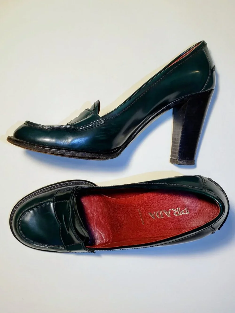 Prada Green Leather Penny Loafer Luxury Heels EU 38 39 US 8.5 Made in Italy - Picture 1 of 11